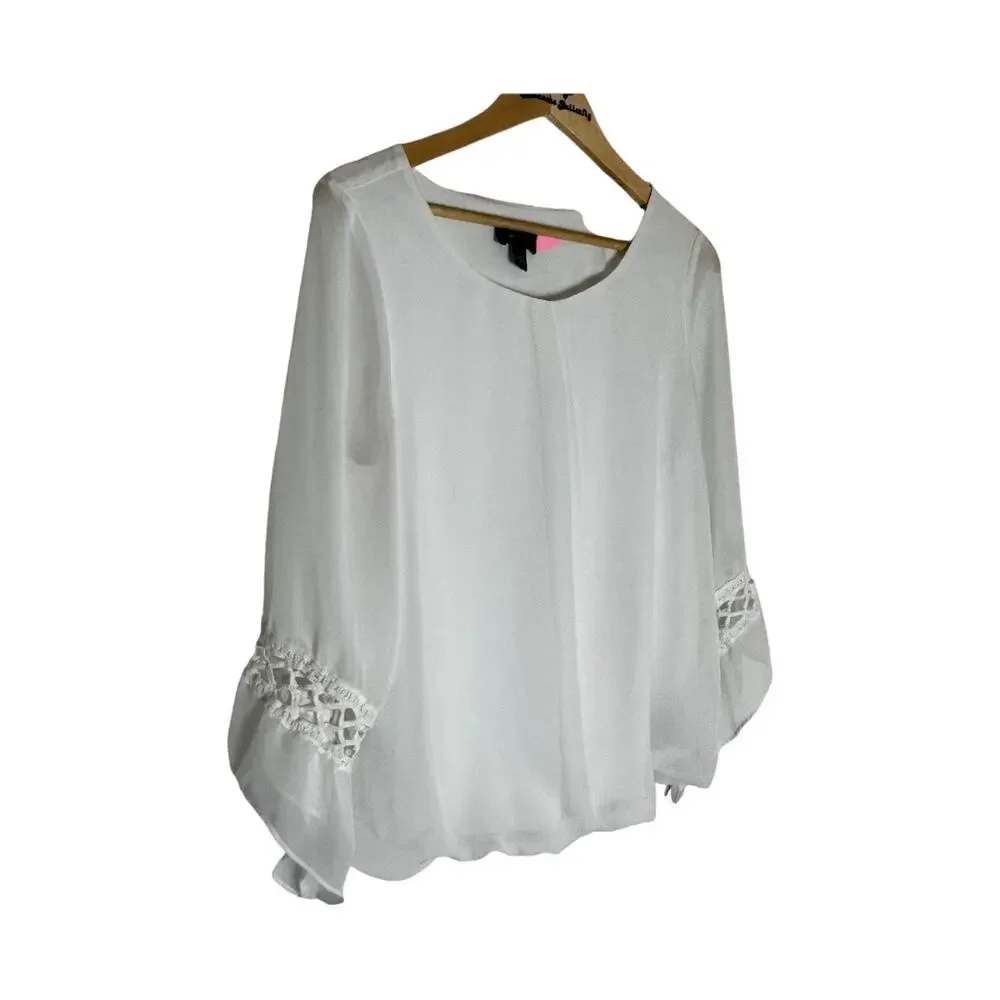 Women's AB Studio White Boho Chic Bubble hem Bell Sleeve Top L - Picture 3 of 13
